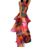 Fashion Hanging Neck Tie Dye Design Fluffy Cake Dress In Autumn