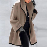 Autumn Overcoat Women's Casual Coat solid color Turndown Collar Overcoat Outerwear Coat Solid Color Belt Wool Slim Coat
