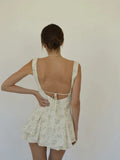 Women Vintage Wide Spaghetti Strap Backless Short Mini Dress Summer Floral Print Square Neck Bodycon A-Line vestido-Outfit