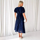 Dress Floral Lace Short-Sleeved High-Waist A-Shaped Flowing Party Mid-Dress