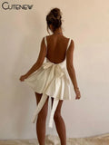 Women's Spaghetti Straps Backless Mini Dress Sexy Sleeveless Slim Halter Lace-up Bowknot Dresses Midnight Party Vestidos-Outfit