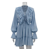 Toloer New Fashion V-Neck Pleated Horn Sleeve Flounce White Dress Spring Female Design Sense Fluffy Skirt-Outfit