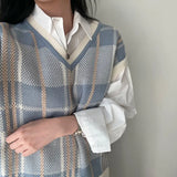 2022 New Autumn Plaid Striped Sleeveless Sweater Vest for Women Knitting V-Neck Casual Loose Ladies Female Tank