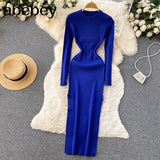 Senior Knitted Dress Women Long Sleeve Elastic Waist Split Sweater Dress Ladies Party Sexy Warm Long