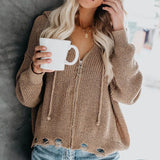 Toloer New Ladies Cardigan Hoodie Hoodie Zipper Broken Hole Irregular Loose Sweater Women's
