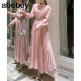 New Spring Summer Temperament half high collar long sleeve Dress high waist lace up waist mid-length A-line Pleated