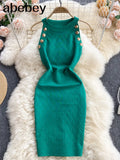 Button Details Sleeveless Knitted Bodycon Dress Women Summer Elegant Stretchy Dress Vintage Solid