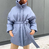 Stand Collar Parkas Women Fashion Tie Belt Loose Coats Women Elegant Spring Casual Long Cotton Jackets Female