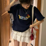 T-shirt Embroidered Dog Cute Short Sleeve Grey T-shirts Women Tops Summer Round Neck Loose Causal Top Women Clothing-Outfit