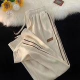 Striped Corduroy Sweatpants Women Winter Thick High Waist Drawstring Wide Leg Trousers Y2K Korean All-Match Straight Pants-Outfit
