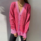 V-neck Lantern Long Sleeve Cardigan Women Knitted Printed Oversized Sweater 2022 Fall New Single-breasted