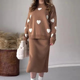 Set Women Two Piece Sets Round Neck Full Sleeve Print Sweaters Knitted Tops Mid Length Skirts Loose Casual Splice-Outfit