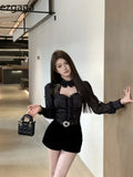 Shirts Women Lace Patchwork Hollow Out Long Sleeve Winter Fashion Slim Crop Tops Female Blouse French Style Chic-Outfit