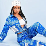 Bandana Print Two Piece Set Causal Paisley Print Long Sleeve Zippers Short Jacket Tops Jogger Pants Suit Outfit Street