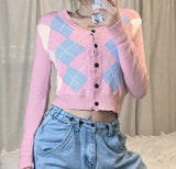 Cardigan Sweater Women 2022 Fall Winter Vintage V-Neck Plaid Sweater Fashion Long Sleeve Short Knitted Sweater England Style