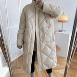 2022 Winter New Korean Style Long Cotton-padded Coat Women's Casual Stand-up Collar Argyle Pattern Oversized Parka Chic