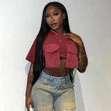 Women's Summer New Fashion Wear Round Neck Short Sleeves Pocket Ultra-Short T-Shirt