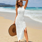 Beach Dress Hollow Knitted Neck Sling Sexy Bare Back Fork Long Tie-Shirt