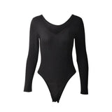 Toloer Women's Spring INS Wind Solid Color Dark V-Neck Stretch Long-Sleeve Top Bottom