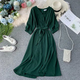 Vintage V Neck Autumn Midi Long Bandage Dress Party Vestido De Festa Evening Women Casual High Waist Elegant A-Line