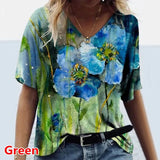 Flower Print T-Shirts Casual 3D Painting Graphic Tops Fashion Short Sleeve Y2K V Neck Female Tees Tshirts Plus Size