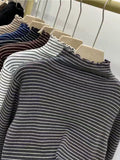 Toloer Half High Collar Striped Long Sleeve T-Shirt Bottom Shirt Women's New Autumn Ins Slim Wood Ear Inside The