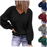 Toloer And Winter New Large Size Loose Sweater V-Neck Pure Color Pullover Sweater Female-Outfit