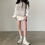 2022 New Autumn Plaid Striped Sleeveless Sweater Vest for Women Knitting V-Neck Casual Loose Ladies Female Tank