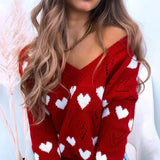 2021 Newest Knitted Sweaters Women Hollow Knit Sweater Pullovers Adults Heart Pattern Long Sleeve V-neck Pullover Solid