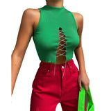Women Crop Tops y2k Solid Color Slim Fit Front Hollow Out Bandage Sleeveless Tank Tops Basic Harajuku Tanks and