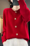 Spring And Autumn New Round Collar Simple Pure Color Temperament Commuting Color Square Buckle Loose Casual Sweater Knitting Cardigan-Outfit
