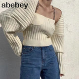 Beige Knitted Women's Suit Square Collar Sleeveless Top Bishop Long Sleeve Cardigan Two Piece Set Women