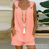 Women's New Solid Color Vertical Collar Sleeveless Casual Suit LZR14529K Series-Outfit