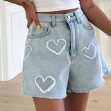And Cute Hairy Heart Pattern Denim Shorts Women's Summer New High-Waisted Loose Thin Leg