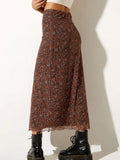 Vintage Y2k Floral Long Skirt Women Retro Print Mesh Patchwork Slim High Waist Elegant A-line Midi Skirt 90s