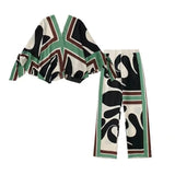 Women 2 Set 2022 Summer V Neck Print Shirt Lady Long Cuff Slit Bow Loose Women Clothing Asymmetric Hem + High Waist