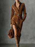 Women's Autumn And Winter Velvet Fashion Single-Dbutton Shirt Dress Skirt With