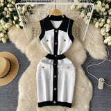 Luxury High Sense Sleeveless Knitted Dress Female Polo Collar Single Buckle Design Niche Sister Temperament