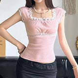 Sweet Lace Lace Stitching Square Collar Slim, Striking Color Short-Sleeved T-Shirt, Girl's Knitted Blouse-Outfit