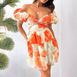 Summer New Temperament Print Hollow V Collar Bubble Sleeve Skirt Dress Dress