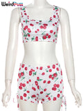 Cherry Print Women Tracksuit 2 Piece Set Y2K Casual Tank Tops+Shirring Shorts Stretch Simple Matching Streetwear Outfits-Outfit