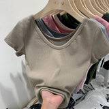 V-Neck Shoulder T-Shirt Women's Short-Sleeved Summer New Slim And Skinny Short-Bottomed Blouse-Outfit