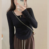 Toloer Velvet Inside The Bottom Shirt Female 2024 Autumn And Winter Long-Sleeved T-Shirt Slim Show Thin Design Sense Of Foreign Style Student Jacket