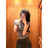 Atmosphere Is Thin Wear With Striped Slanted Shoulder Slim Short-Sleeved T-Shirt Lattice Spliced Design Sense Loose Pants