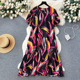 Dress Women's 2024 Summer Dress New Loose Leisure Fashion Print Medium-Long Bubble Sleeve Holiday Dress-Outfit