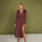 Toloer Women's Early Spring 2024 New Floral Dress Sexy Deep V Tie With Waist Side Slit Skirt-Outfit