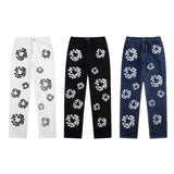 Autumn New High Street Flower Printed Jeans For Men And Women With High Waist And Thin Casual Trousers-Outfit