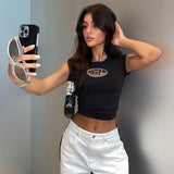 Slim Chest D Embroidered Solid Color Short Navel Blouse Ins Minority Street Hot Girls Hundred T-Shirts-Outfit
