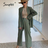 Simplee Elegant plaid two-pieces women blazer suit Casual streetwear suits female blazer set Chic office ladies women coat