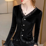 Womens T-shirt Spring Summer V-Neck Long Sleeve Solid Color Button Fashion Casual Tees Stylish Blouses Elegant Tops-Outfit